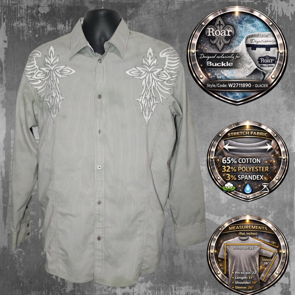 Roar Buckle Glacier L/S L Gray Pinstripe Crystal Wash Embroidered Wing Cross